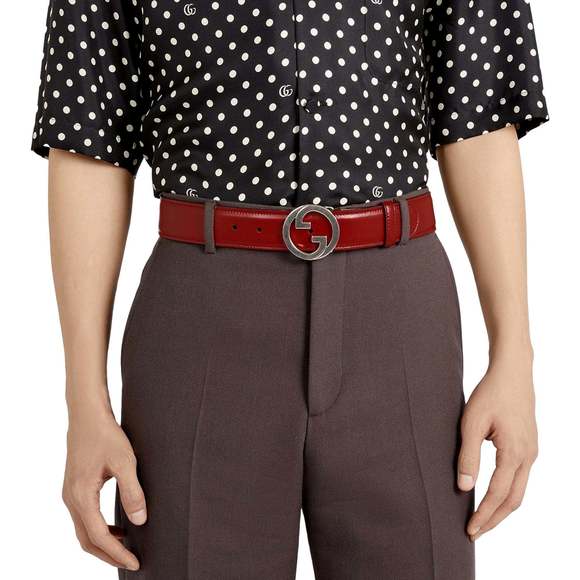 Gucci Interlocking Leather GG Buckle Antiqued Silver Tone Belt Rosso Red - Picture 5 of 5